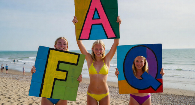 Drei Schülerinnen am Strand in Brighton halten grosse FAQ-Buchstaben während einer LISA! Schülersprachreise in England