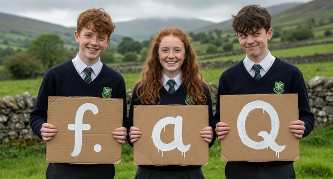 Schüler mit FAQ-Schildern während eines LISA! Englisch-Sprachaufenthalts für Schüler in Ennis, Irland