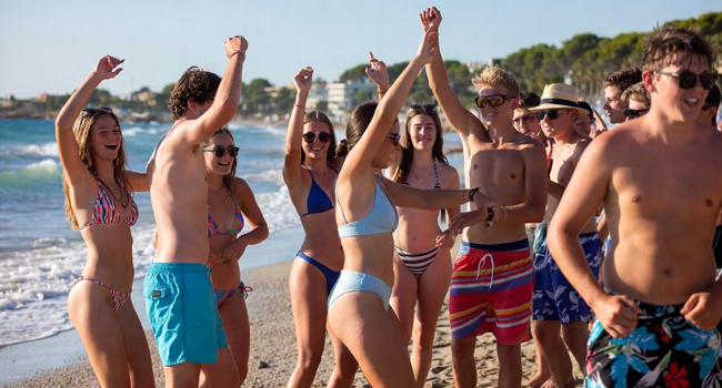 Young Adults am Strand in Mallorca während einer LISA! Sprachreise feiern gemeinsam und geniessen Sonne und Meer