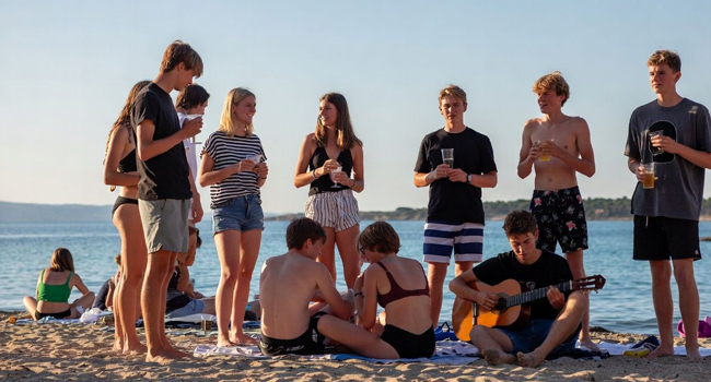 Young Adults am Strand in Mallorca während einer LISA! Sprachreise geniessen Freizeit, Musik und gemeinsame Abende am Meer