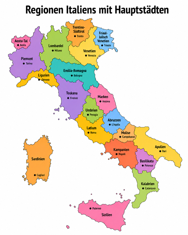 Karte Italien mi Regionen und Haupstädten Übersicht auf einer Karte von Italien mit Regionen und Hauptstädten